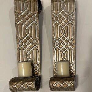 Decorative Gold Wall Sconces with Candle Holders and 2 candles.